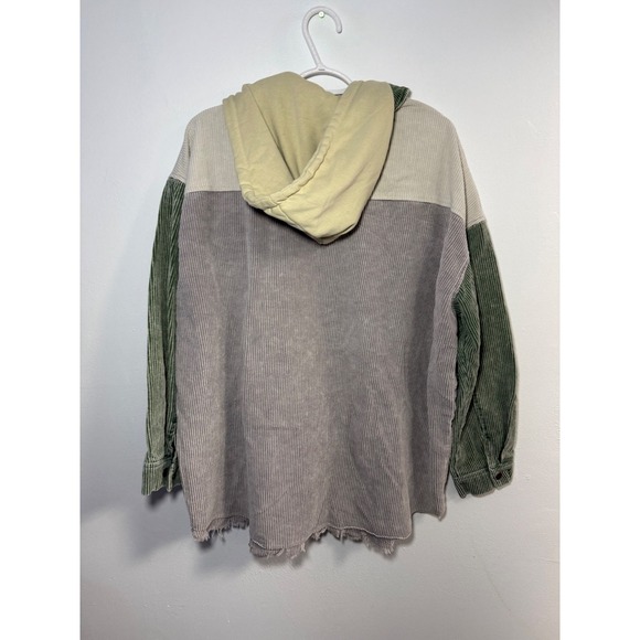 Colorblock Corduroy Hooded Shacket Oversized Distressed Hem Womens 2XL Boho - Picture 3 of 9